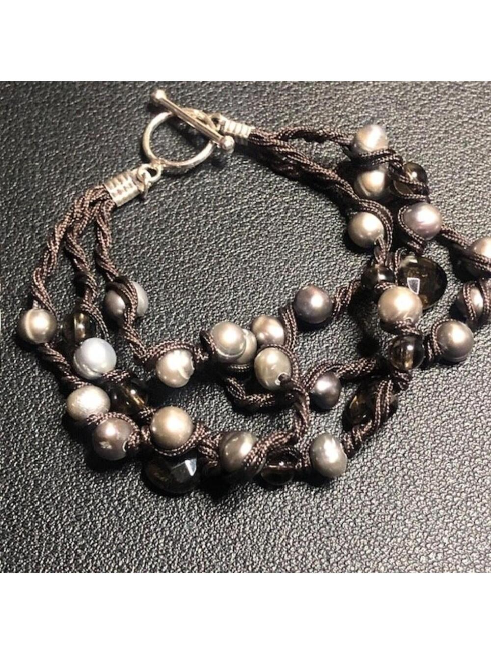 B2856 Sterling Silver 925 Multi Strand Pearl Smoky Quartz Toggle Bracelet 7.5'